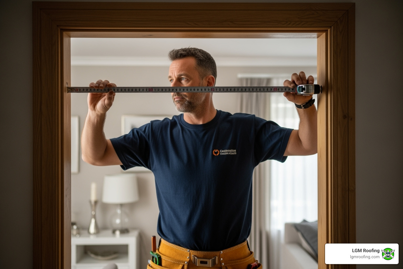 contractor carefully measuring a door frame - door installation in bloomfield nj contractor carefully measuring a door frame - door installation in bloomfield nj