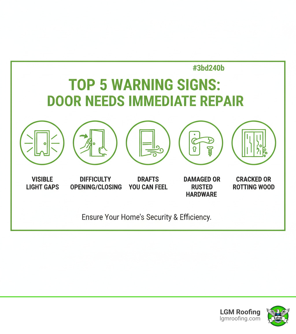 infographic showing the top 5 warning signs your door needs immediate repair: visible light gaps around the frame, difficulty opening or closing, drafts you can feel, damaged or rusted hardware, and cracked or rotting wood - door repair in bloomfield nj infographic infographic showing the top 5 warning signs your door needs immediate repair: visible light gaps around the frame, difficulty opening or closing, drafts you can feel, damaged or rusted hardware, and cracked or rotting wood - door repair in bloomfield nj infographic