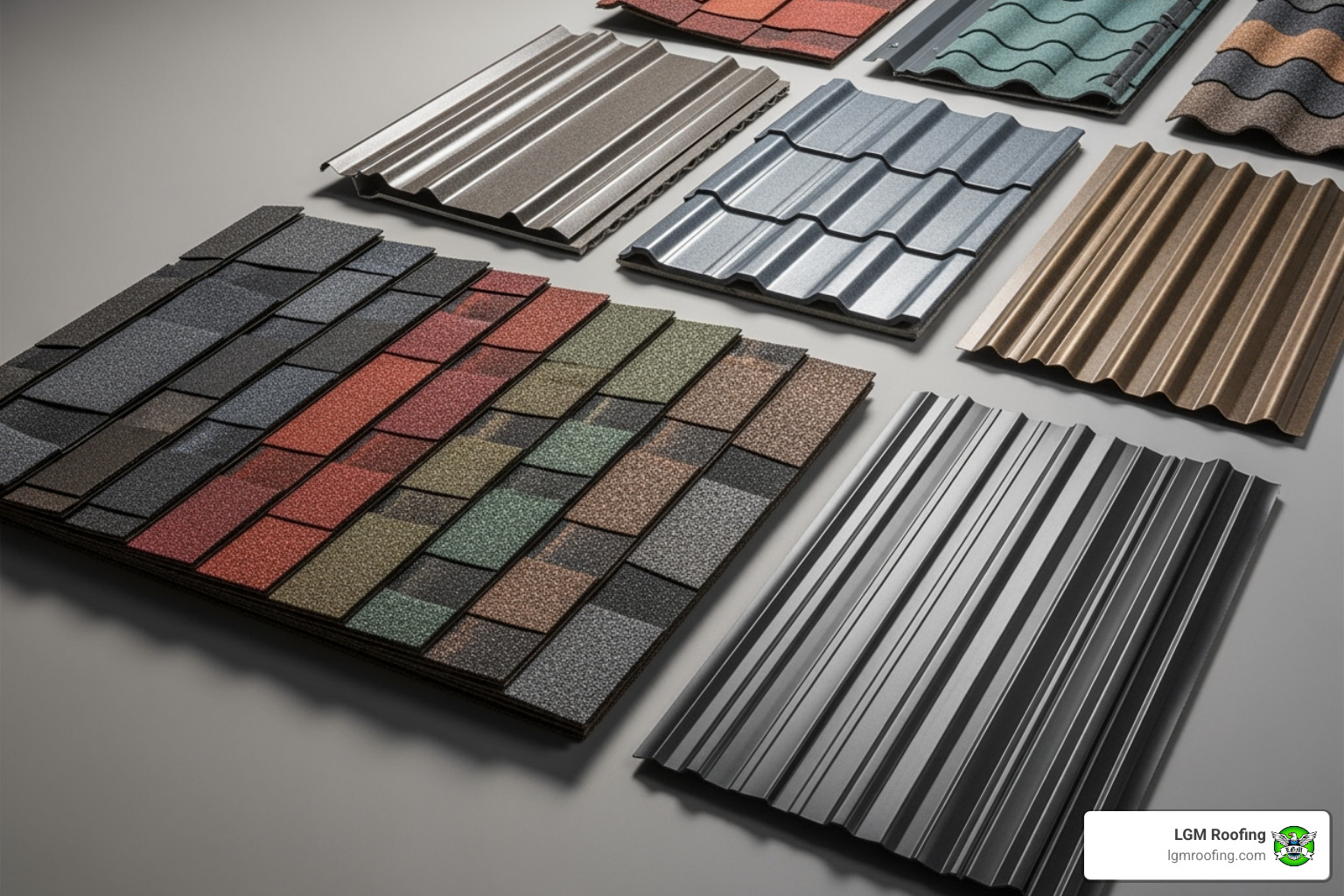 roofing materials like asphalt shingles and metal roofing samples - residential roof repair in bloomfield nj Various roofing materials displayed, including asphalt shingles and metal panels, highlighting options for residential roof repair in Bloomfield, NJ, by LGM Roofing.
