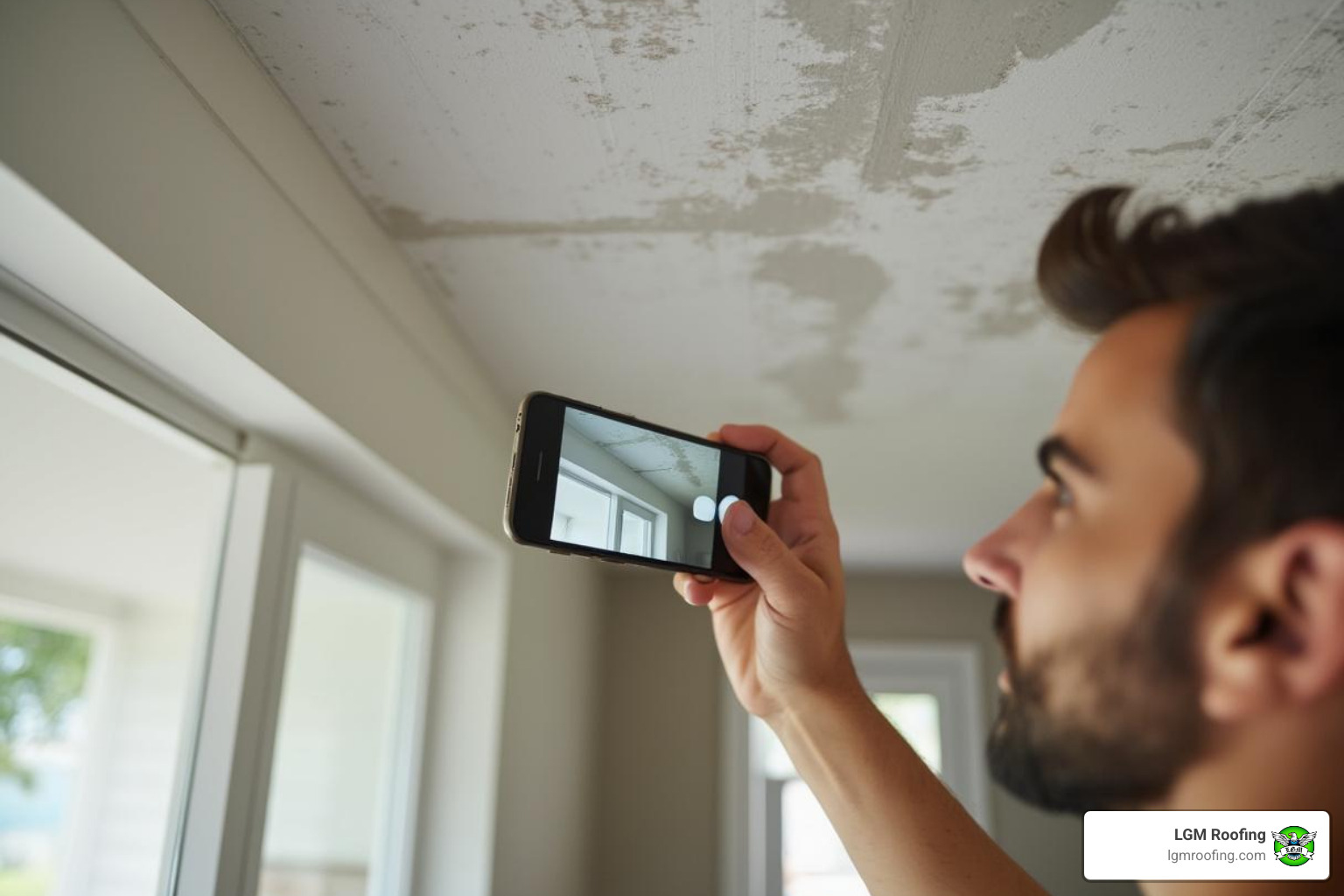 homeowner safely taking photos of ceiling water stains from inside their house - emergency roof repair in bloomfield nj homeowner safely taking photos of ceiling water stains from inside their house - emergency roof repair in bloomfield nj