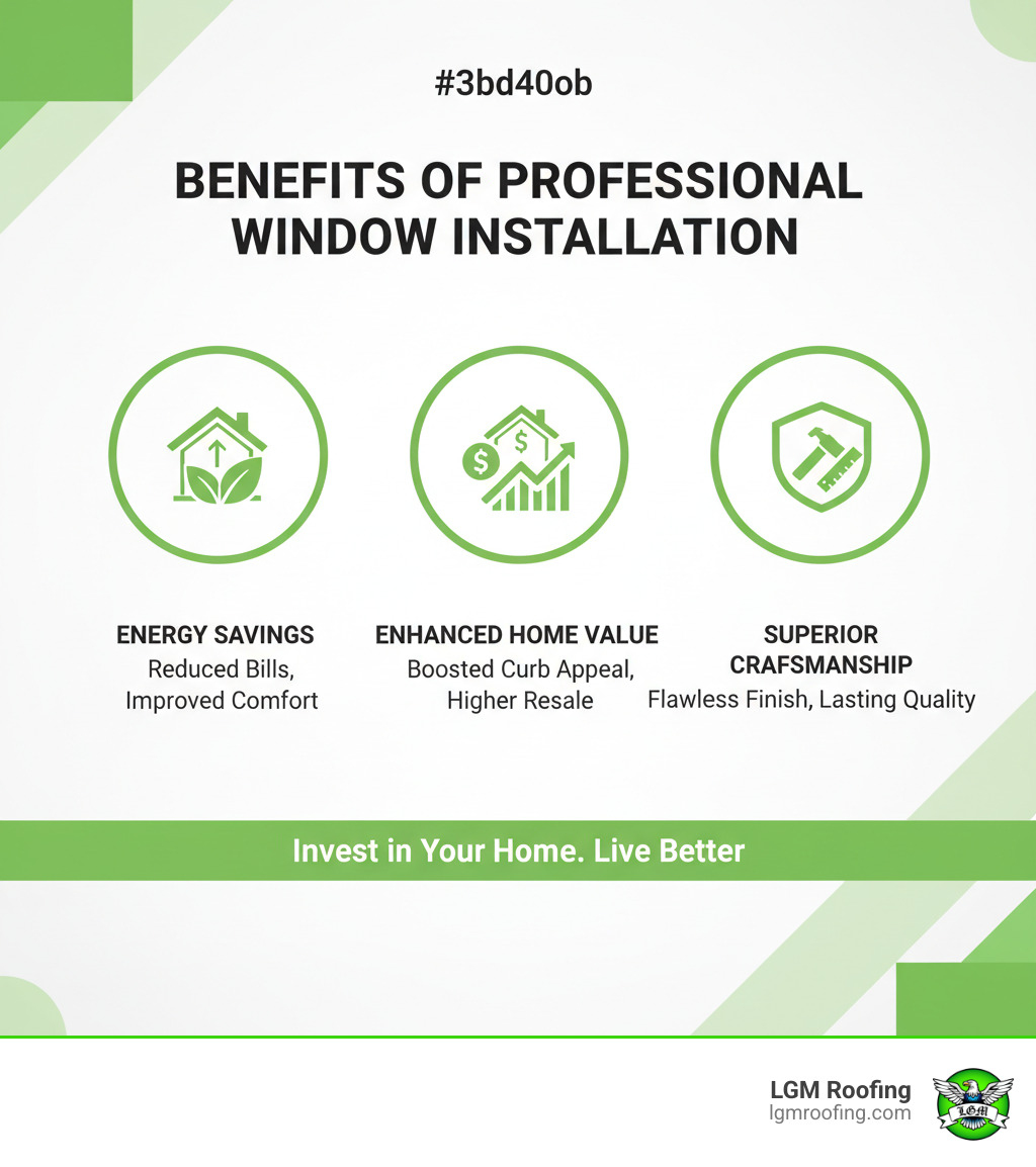 infographic on benefits of professional window installation including energy savings, enhanced home value, and superior craftsmanship - best window company in bloomfield nj infographic 