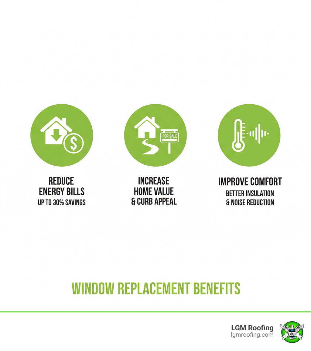 infographic showing three key benefits of window replacement: reduce energy bills by up to 30%, increase home resale value and curb appeal, and improve comfort with better insulation and noise reduction - best window company in bloomfield nj infographic 