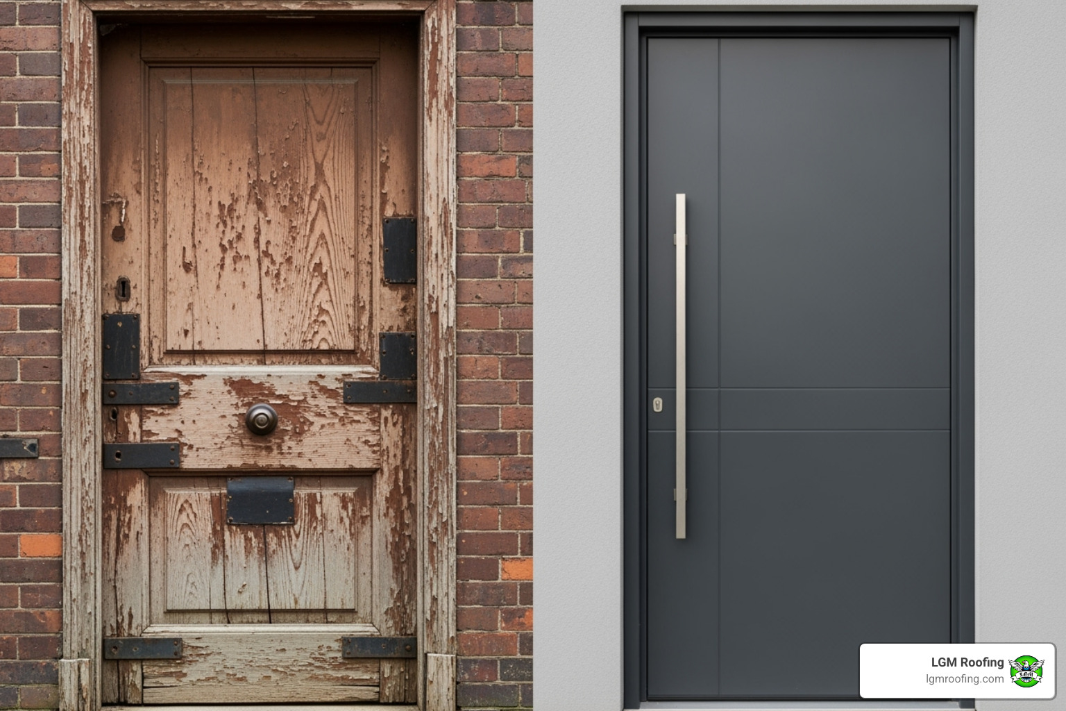 split screen showing a repaired old door and a brand new modern door - door repair in bloomfield nj split screen showing a repaired old door and a brand new modern door - door repair in bloomfield nj