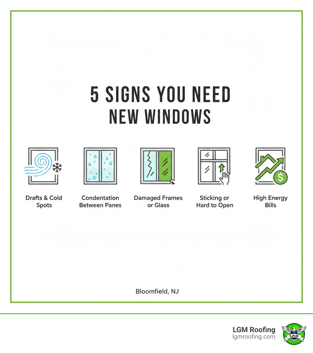 Infographic showing the top 5 signs you need new window installation: 1) Drafts around window frames causing cold spots, 2) Condensation forming between glass panes, 3) Visible damage to frames or cracked glass, 4) Windows that stick or won't open smoothly, 5) Unexpectedly high heating and cooling bills - window installation in bloomfield nj infographic Infographic showing the top 5 signs you need new window installation: 1) Drafts around window frames causing cold spots, 2) Condensation forming between glass panes, 3) Visible damage to frames or cracked glass, 4) Windows that stick or won't open smoothly, 5) Unexpectedly high heating and cooling bills - window installation in bloomfield nj infographic