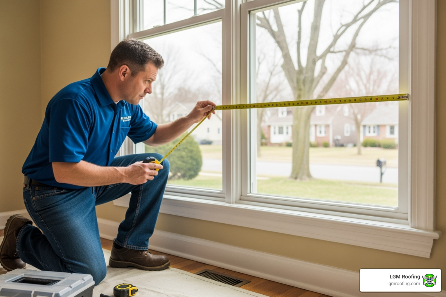 professional installer carefully measuring a window opening in a Bloomfield home - window installation in bloomfield nj professional installer carefully measuring a window opening in a Bloomfield home - window installation in bloomfield nj