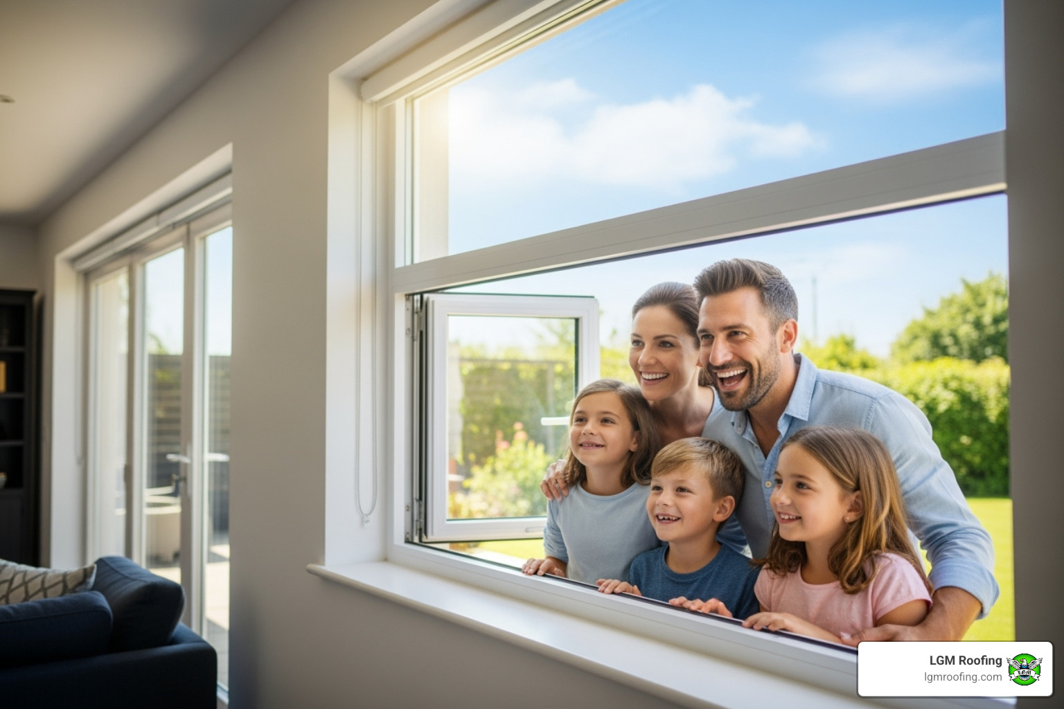 smiling family looking out their new, crystal-clear picture window - window installation in bloomfield nj smiling family looking out their new, crystal-clear picture window - window installation in bloomfield nj