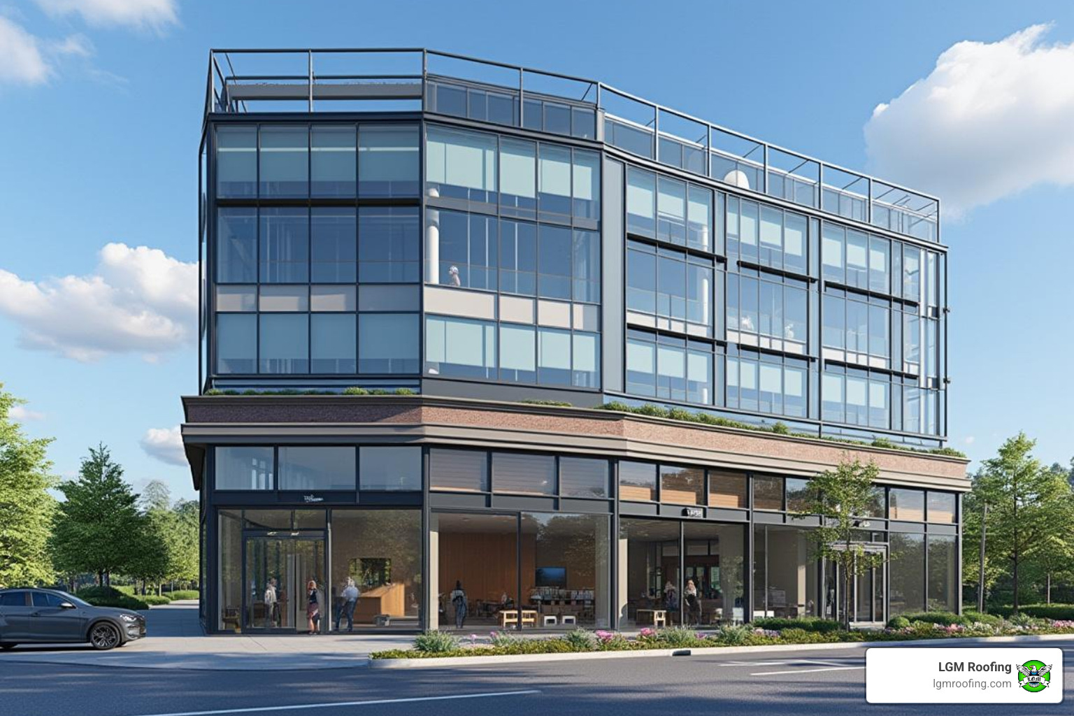 different commercial window types like a storefront and a curtain wall - commercial window installation in bloomfield nj Modern commercial building featuring a lightweight glass facade with floor-to-ceiling windows, showcasing natural light and an open design, emphasized by LGM Roofing branding.
