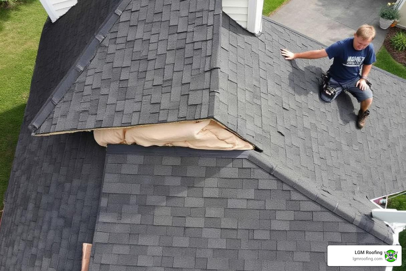 roofer inspecting damaged asphalt shingles - residential roof repair in bloomfield nj Roofing contractor inspecting shingles on a residential roof, highlighting repair work for damaged areas, with visible roofing materials and tools.