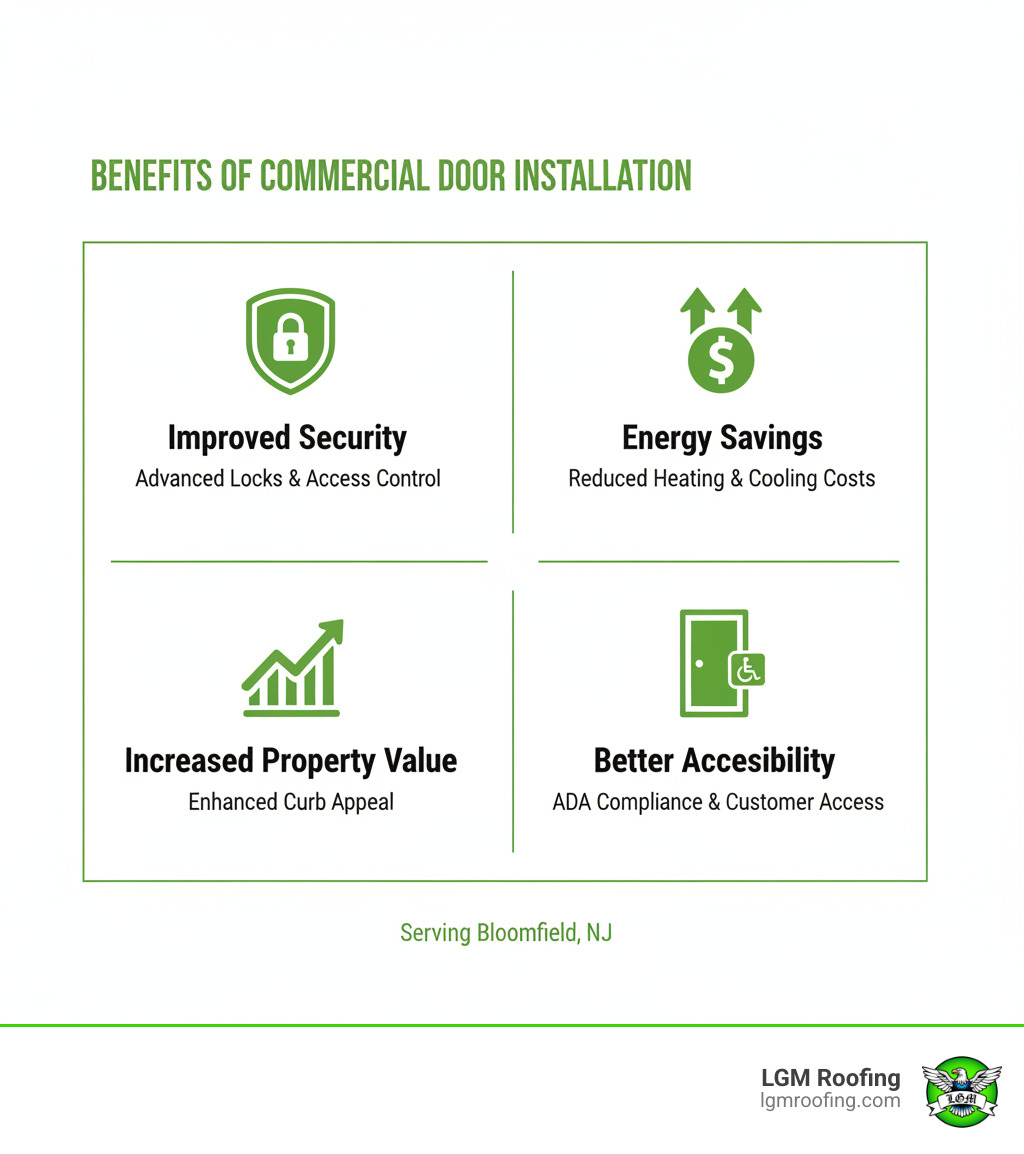 Infographic showing four key benefits of commercial door installation: a shield icon labeled "Improved Security" with text about advanced locks and access control, a dollar sign with arrows labeled "Energy Savings" showing reduced heating and cooling costs, an upward trending graph labeled "Increased Property Value" highlighting curb appeal, and a door with wheelchair symbol labeled "Better Accessibility" emphasizing ADA compliance and customer access - commercial door installation in bloomfield nj infographic Benefits of commercial door installation infographic highlighting improved security, energy savings, increased property value, and better accessibility, serving Bloomfield, NJ, by LGM Roofing.