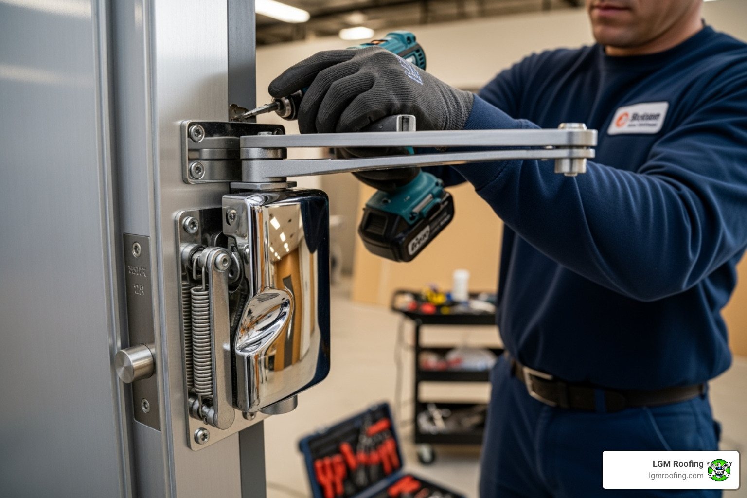 Image of a professional technician installing a commercial door closer - commercial door installation in bloomfield nj Technician installing a commercial door lock mechanism with tools in a professional setting, highlighting the process of commercial door installation in Bloomfield, NJ.