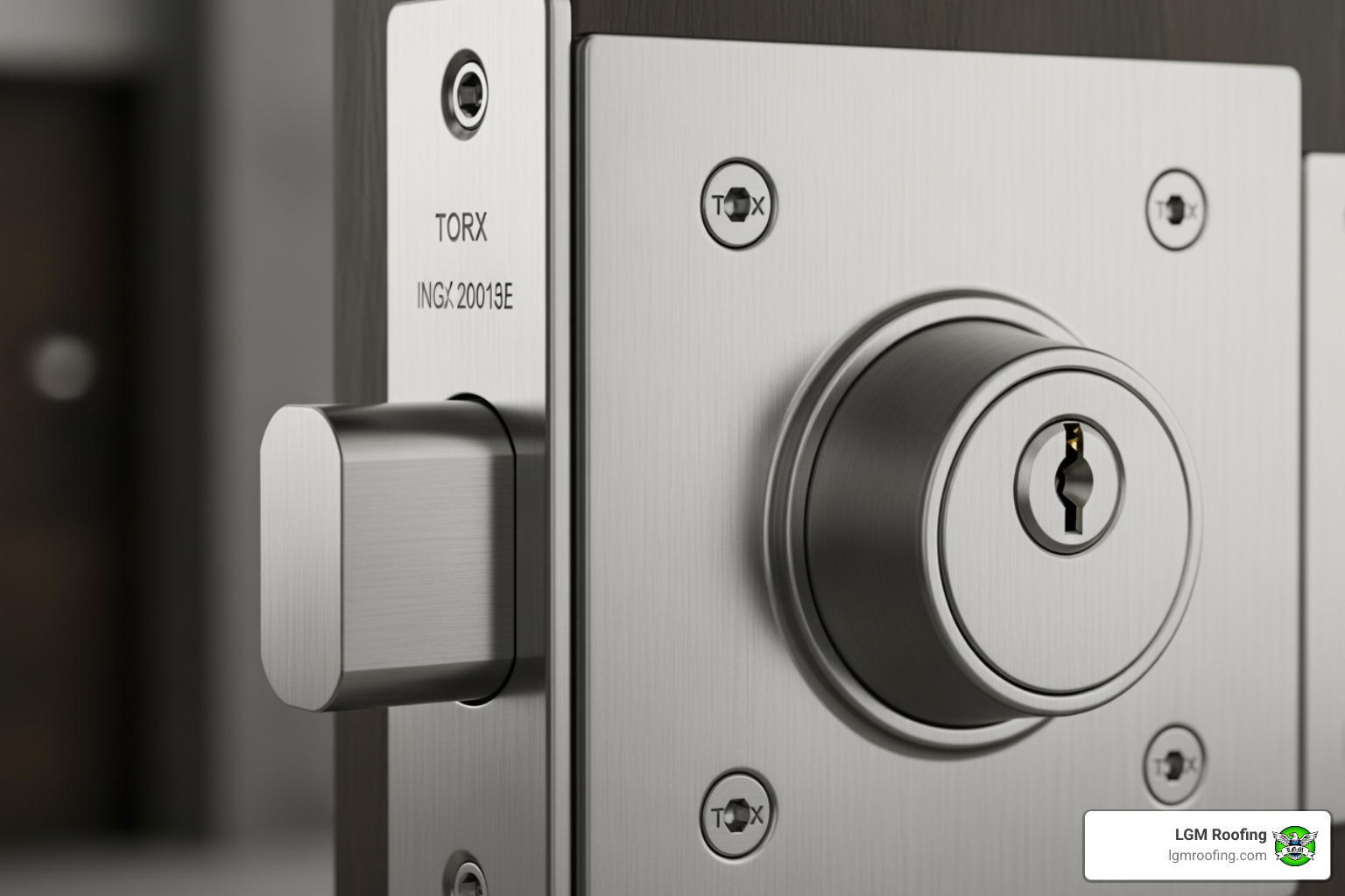 Image of a close-up on a high-security commercial door lock - commercial door installation in bloomfield nj Commercial door lock with Torx screws and keyhole, emphasizing advanced security features for installation by LGM Roofing in Bloomfield, NJ.