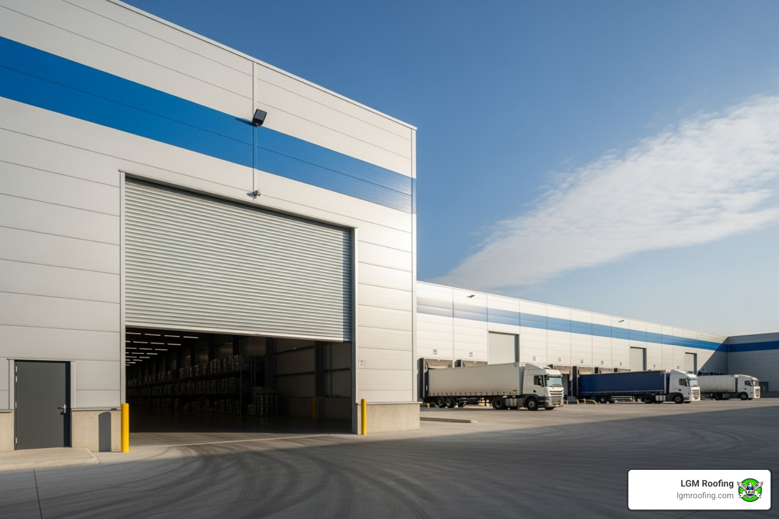 Image of a warehouse with a large steel roll-up door - commercial door installation in bloomfield nj Commercial warehouse exterior featuring a large roll-up door, trucks parked nearby, and a focus on functionality and security for business operations in Bloomfield, NJ.