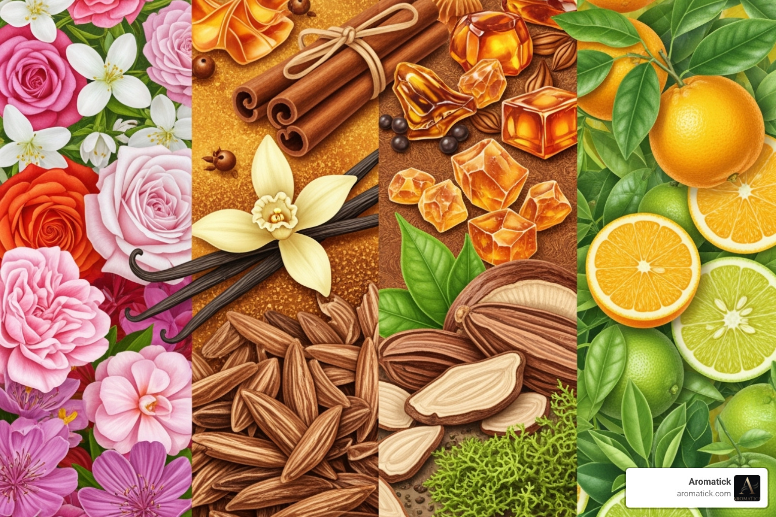 representing the four fragrance families with key ingredients - popular designer perfumes