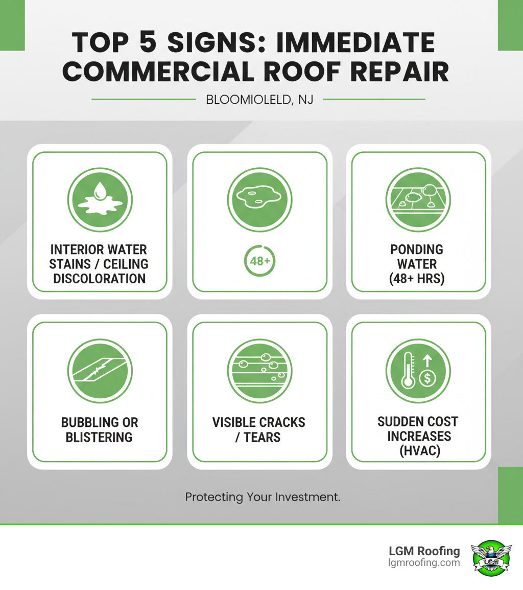 Infographic showing the top 5 signs your Bloomfield commercial roof needs immediate repair: interior water stains or ceiling discoloration, ponding water remaining 48 hours after rain, bubbling or blistering on the roof surface, visible cracks or tears in roofing membrane, and sudden increases in heating or cooling costs - commercial roof repair in bloomfield nj infographic Infographic showing the top 5 signs your Bloomfield commercial roof needs immediate repair: interior water stains or ceiling discoloration, ponding water remaining 48 hours after rain, bubbling or blistering on the roof surface, visible cracks or tears in roofing membrane, and sudden increases in heating or cooling costs - commercial roof repair in bloomfield nj infographic