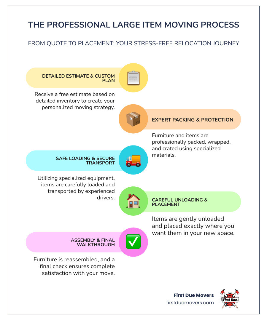 Infographic showing the professional large item moving process: 1. Free in-home or virtual estimate with detailed inventory, 2. Customized moving plan with specialized equipment identified, 3. Professional packing and protection of furniture, 4. Safe loading using proper techniques and materials, 5. Secure transport with experienced drivers, 6. Careful unloading and placement in your new space, 7. Assembly and final walkthrough to ensure satisfaction - best rated furniture & large item moves in preston wa infographic infographic-line-5-steps-colors Infographic showing the professional large item moving process: 1. Free in-home or virtual estimate with detailed inventory, 2. Customized moving plan with specialized equipment identified, 3. Professional packing and protection of furniture, 4. Safe loading using proper techniques and materials, 5. Secure transport with experienced drivers, 6. Careful unloading and placement in your new space, 7. Assembly and final walkthrough to ensure satisfaction - best rated furniture & large item moves in preston wa infographic infographic-line-5-steps-colors
