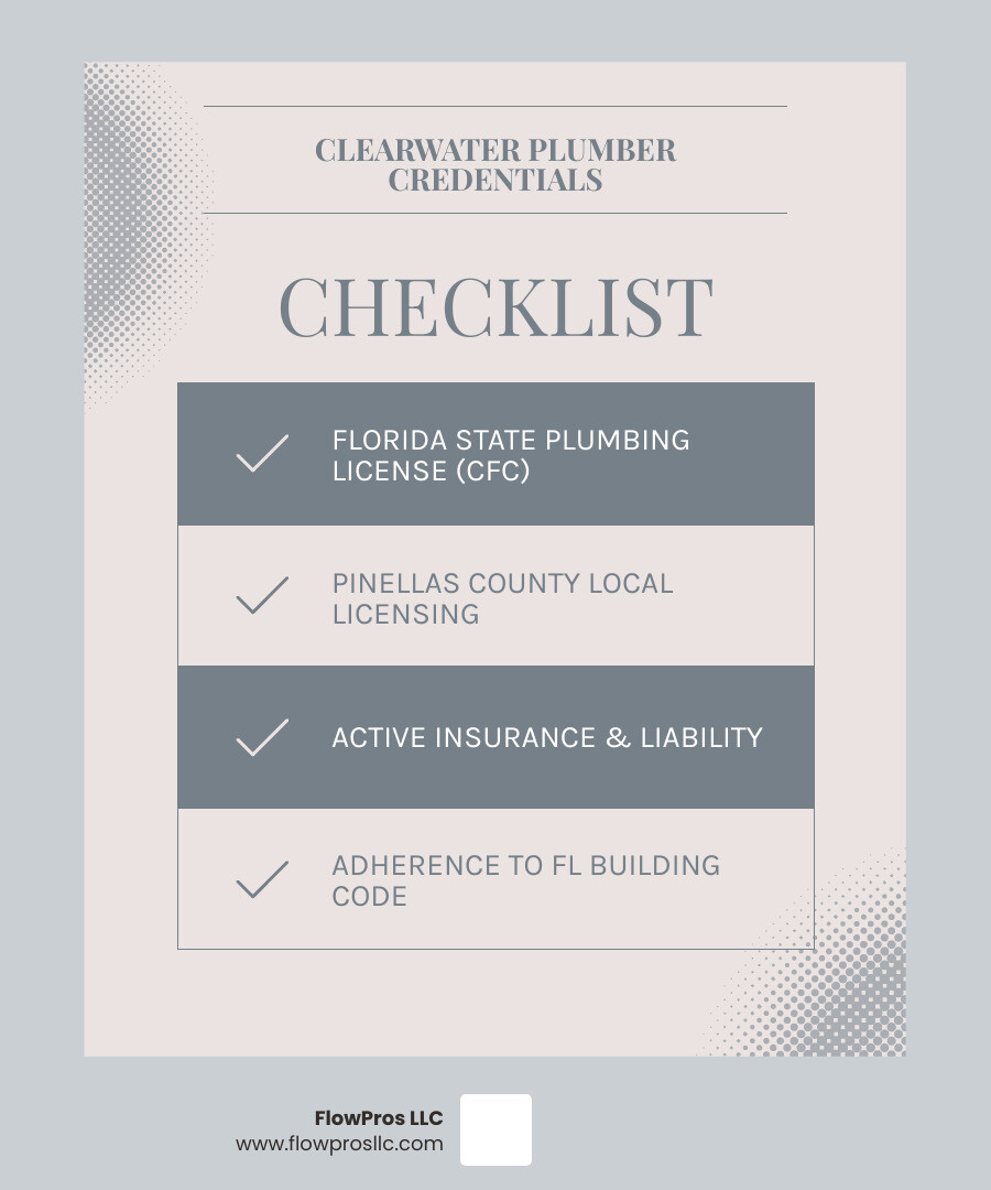 infographic showing the key credentials of a certified houston plumber including state license verification, insurance requirements, ongoing training certifications, and building code compliance checklist - certified residential plumbing services technician in houston, tx infographic checklist-light-blue-grey