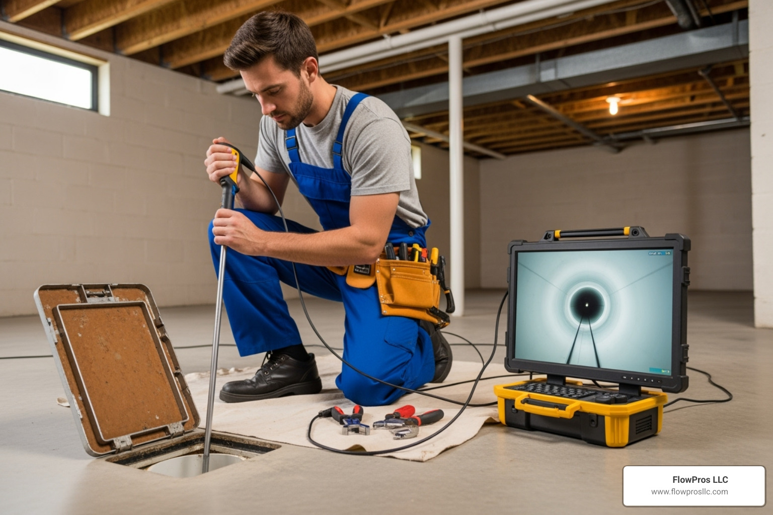 a technician using a video camera for drain inspection - certified residential plumbing services technician in houston, tx