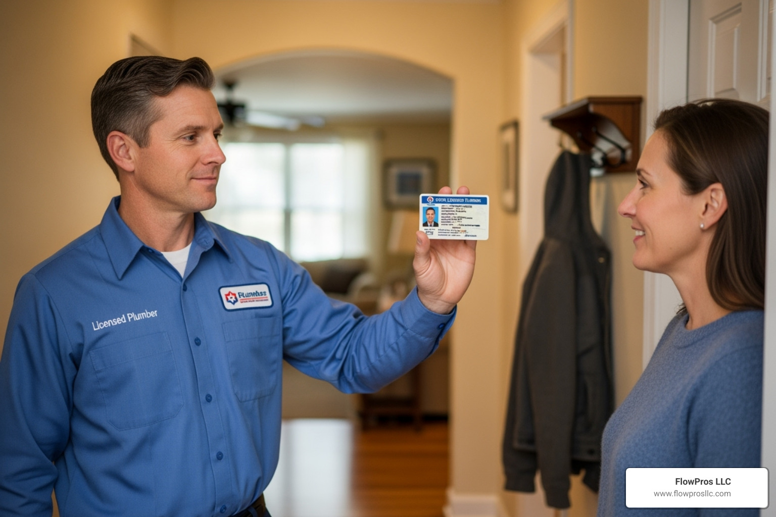 a plumber showing their license to a homeowner - certified residential plumbing services technician in houston, tx