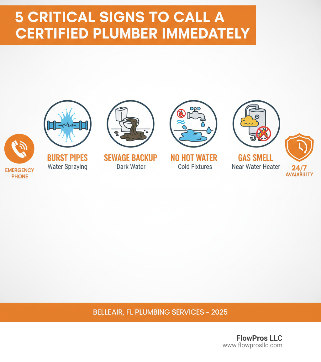 infographic showing 5 critical signs you need to call a certified plumber immediately: burst pipes with water spraying, sewage backup with dark water, no hot water from fixtures, major leaks pooling on floors, and gas smell near water heater, with emergency phone icon and 24/7 availability badge - certified residential plumbing services technician in houston, tx infographic 