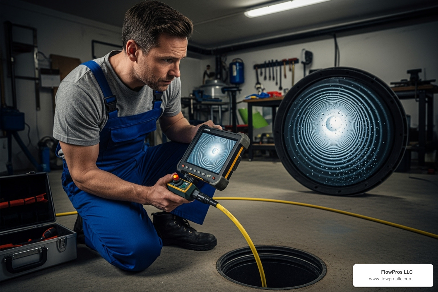 FlowPros LLC plumber using a sewer inspection camera - certified residential plumbing services technician in houston, tx