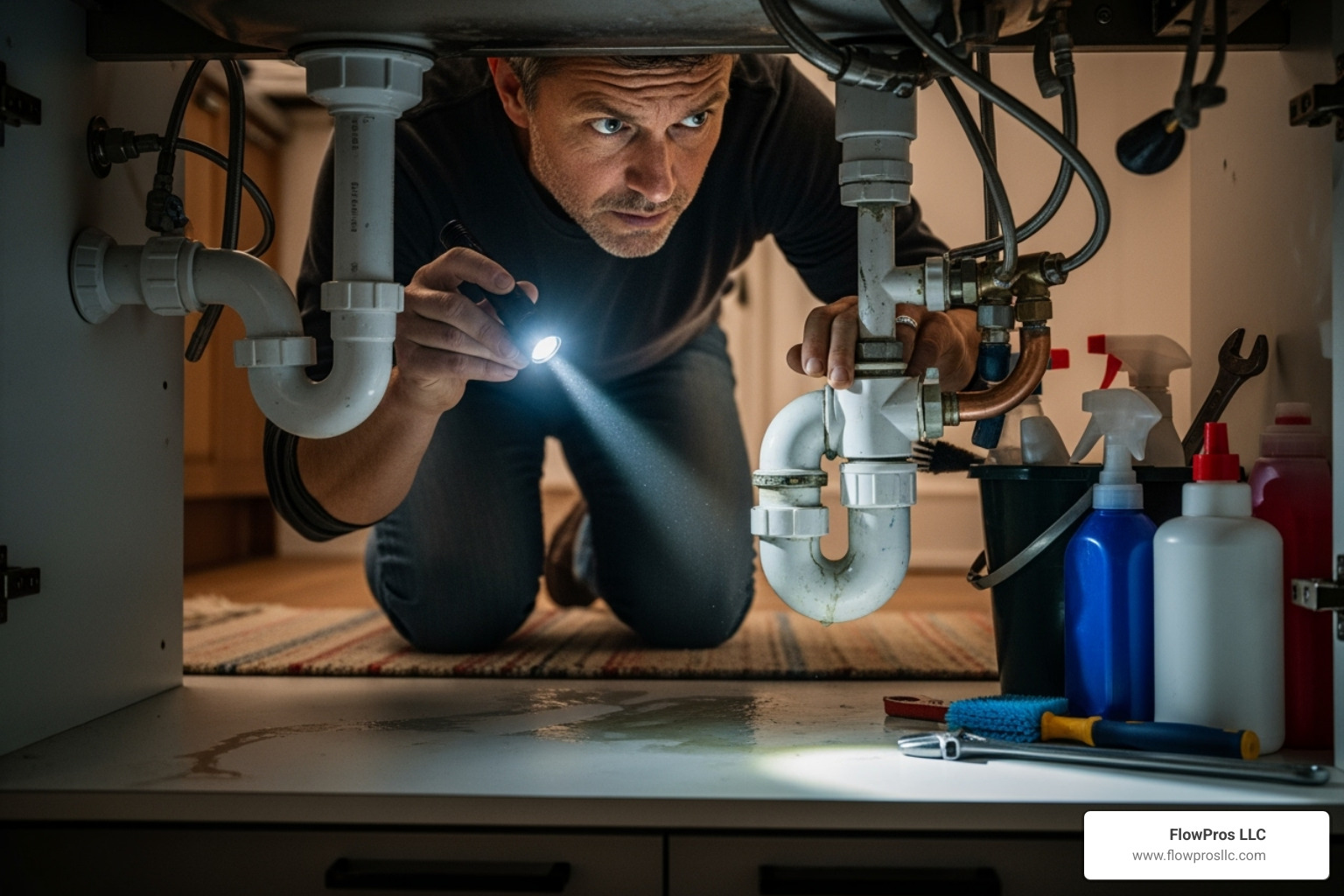 homeowner checking for leaks under a kitchen sink - certified residential plumbing services technician in houston, tx