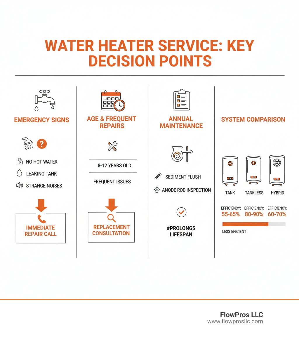 Infographic showing key decision points for water heater service: Emergency signs (no hot water, leaking tank, strange noises) leading to immediate repair call; Age 8-12 years with frequent repairs leading to replacement consultation; Annual maintenance checklist including sediment flush and anode rod inspection; Comparison of tank vs tankless vs hybrid options with efficiency ratings - local water heater installation and repair company in belleair, fl infographic 