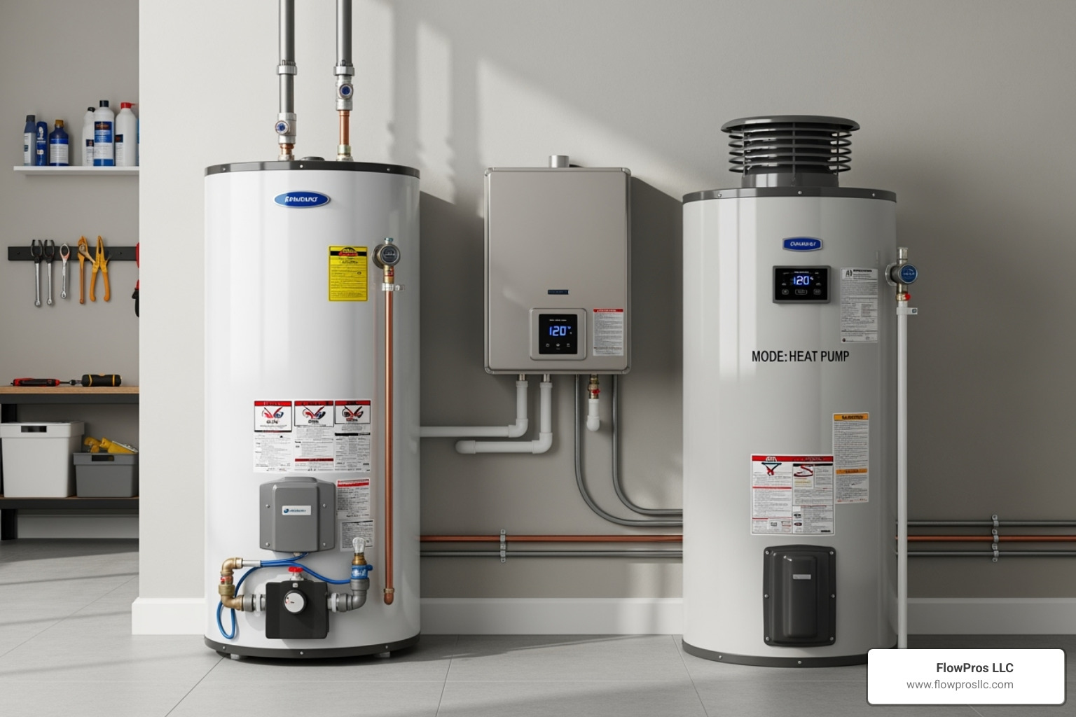side-by-side images of a tank, tankless, and hybrid water heater - local water heater installation and repair company in belleair, fl