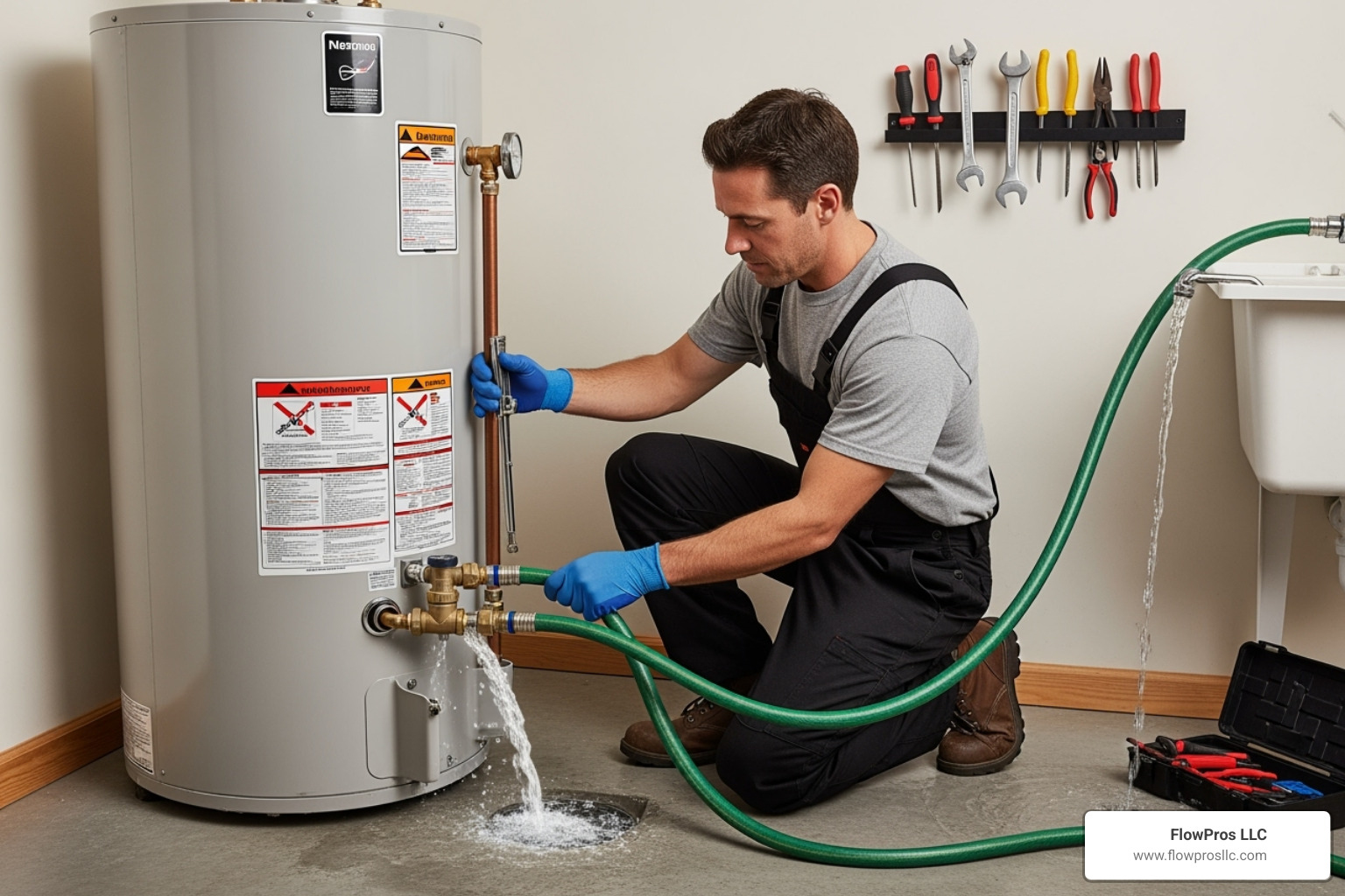 image of a plumber flushing a water heater tank - local water heater installation and repair company in clearwater, fl
