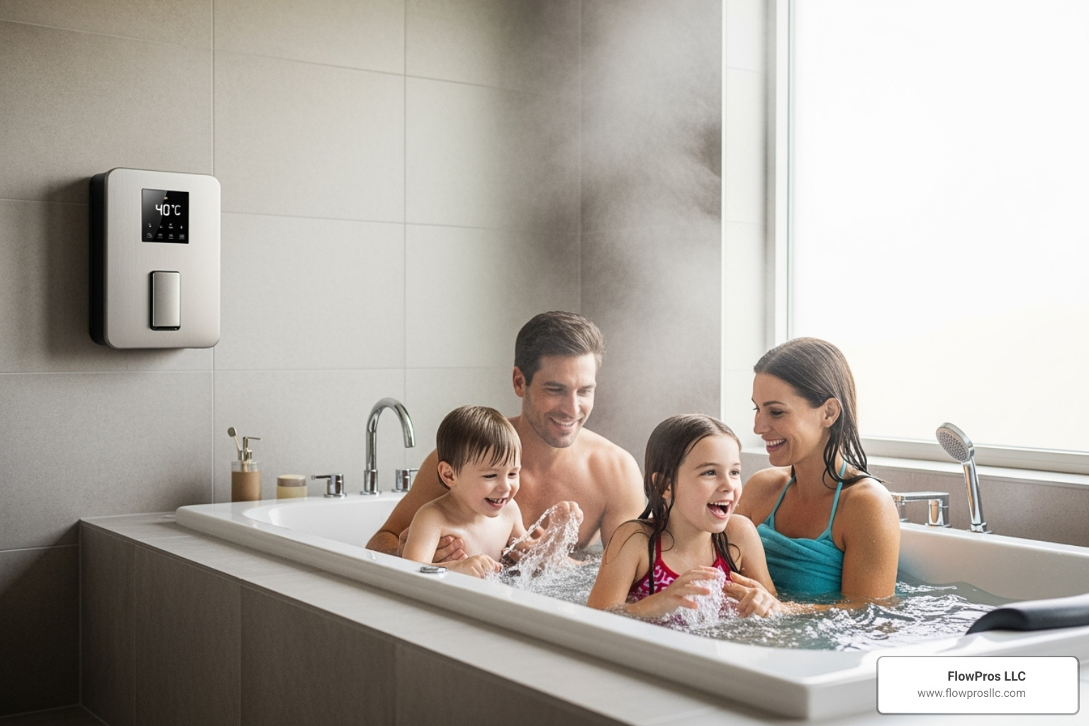 image of a family enjoying hot water from a new tankless water heater - local water heater installation and repair company in clearwater, fl