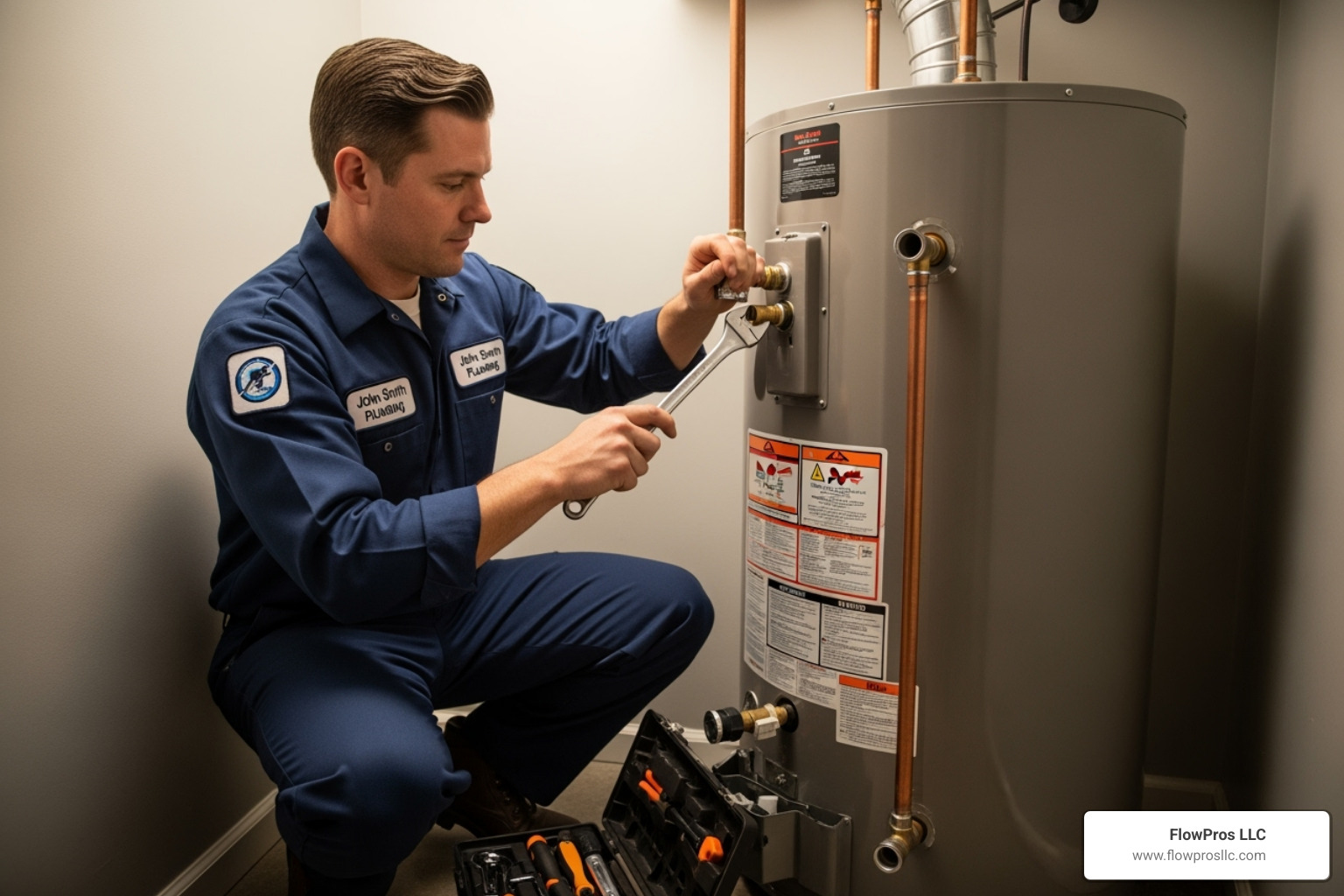 image of a professional, uniformed plumber working on a water heater - local water heater installation and repair company in clearwater, fl