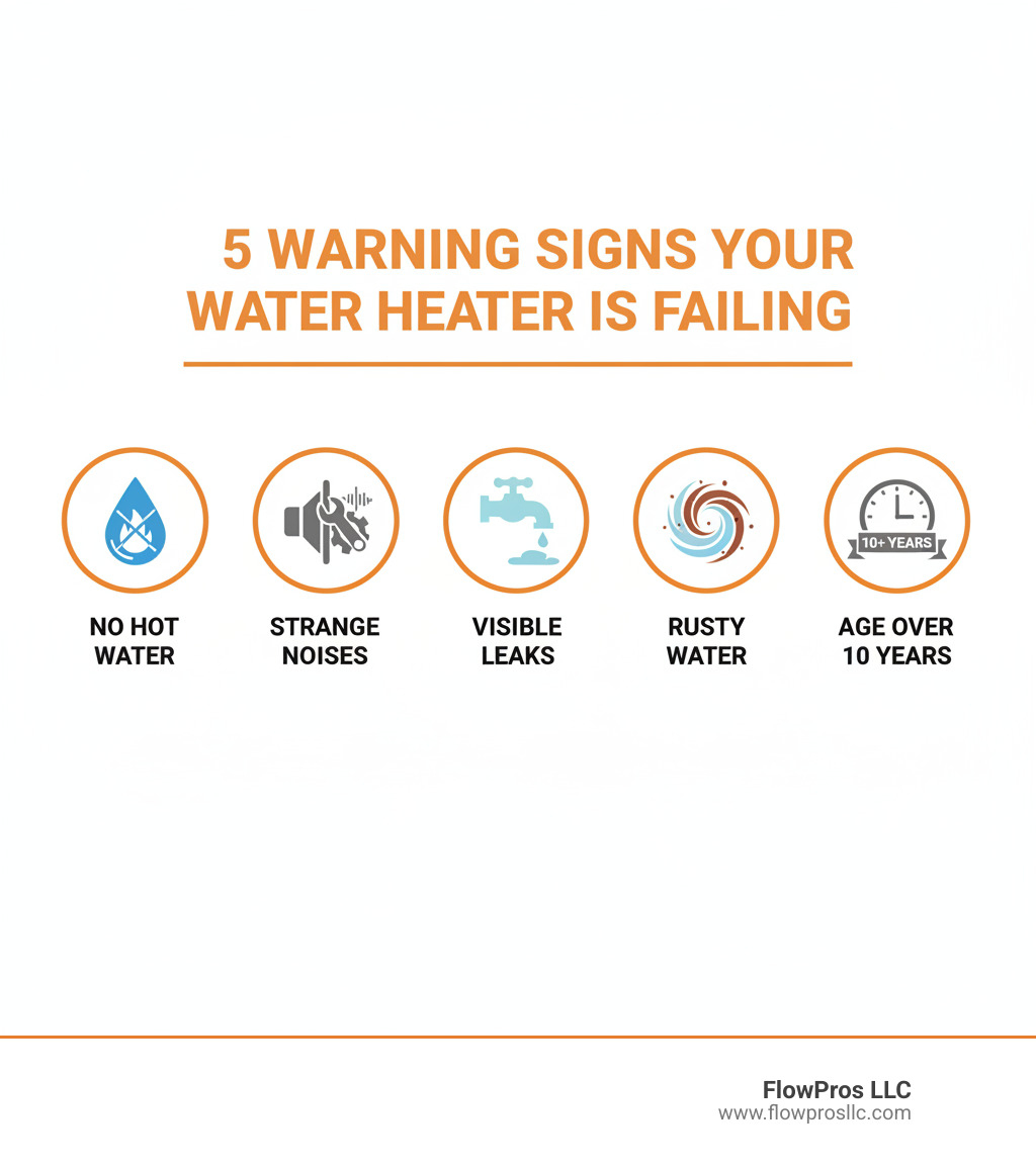 infographic showing five warning signs your water heater is failing including no hot water, strange noises, visible leaks, rusty water, and age over 10 years with icons for each - certified water heater installation and repair technician in st. petersburg, fl infographic  infographic showing five warning signs your water heater is failing including no hot water, strange noises, visible leaks, rusty water, and age over 10 years with icons for each - certified water heater installation and repair technician in st. petersburg, fl infographic
