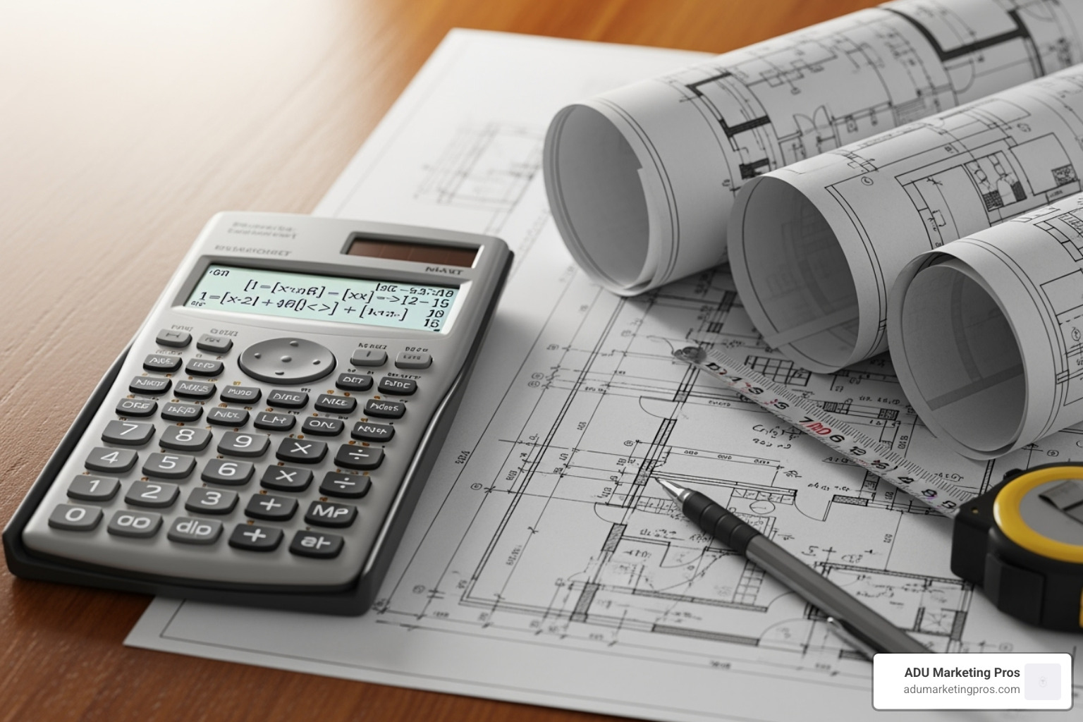 calculator and blueprints on a table - prefab tiny home