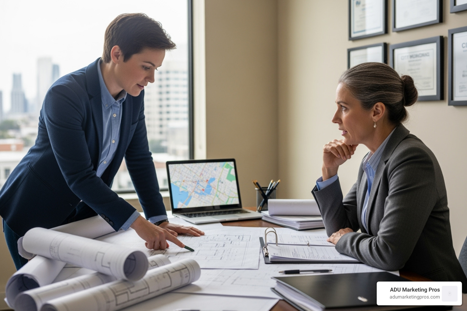 person reviewing blueprints with a planning official - prefab tiny home