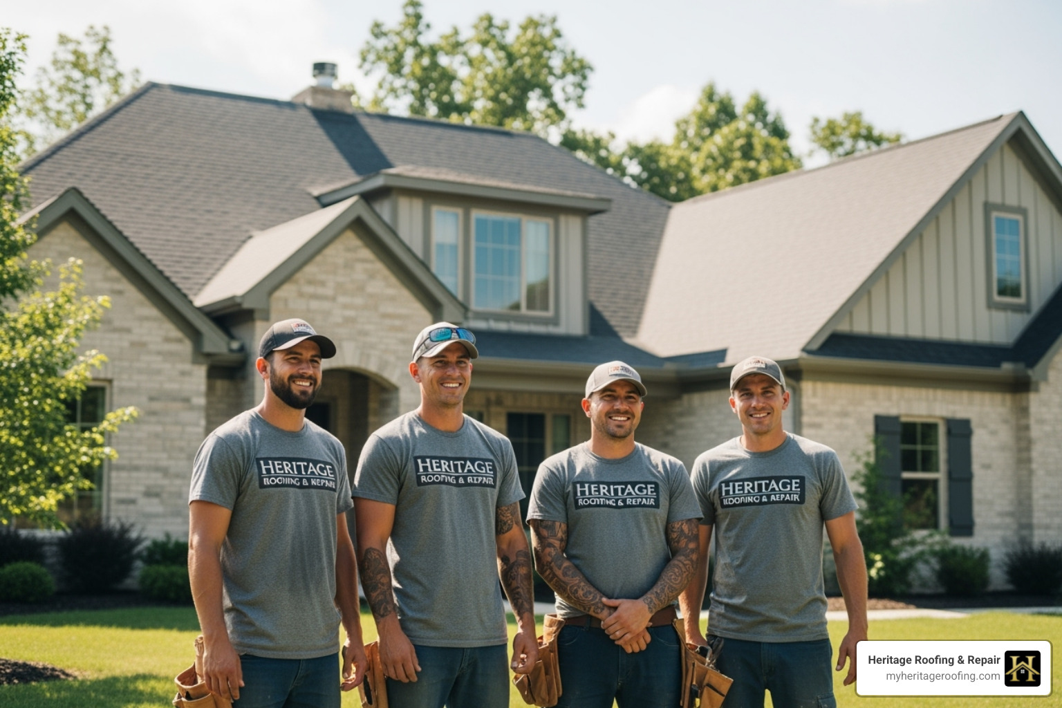 the Heritage Roofing & Repair team smiling in front of a completed project - roofing Berryville AR