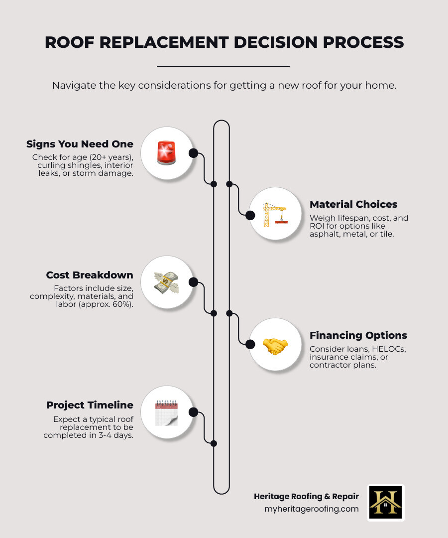 Infographic showing the roof replacement decision process: signs you need a new roof (age over 20 years, visible damage, leaks, storm damage), material selection factors (lifespan, cost per square foot, ROI percentage), cost breakdown (60% labor, 40% materials and other), financing options (insurance claims, loans, contractor programs), and timeline (3-4 days for typical installation) - new roof for home infographic infographic-line-5-steps-elegant_beige Infographic showing the roof replacement decision process: signs you need a new roof (age over 20 years, visible damage, leaks, storm damage), material selection factors (lifespan, cost per square foot, ROI percentage), cost breakdown (60% labor, 40% materials and other), financing options (insurance claims, loans, contractor programs), and timeline (3-4 days for typical installation) - new roof for home infographic infographic-line-5-steps-elegant_beige