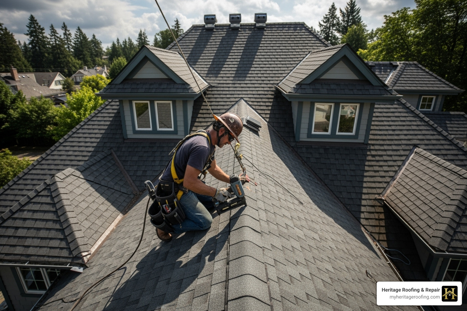 roofer on a steep, complex roof to illustrate difficulty - new roof for home roofer on a steep, complex roof to illustrate difficulty - new roof for home