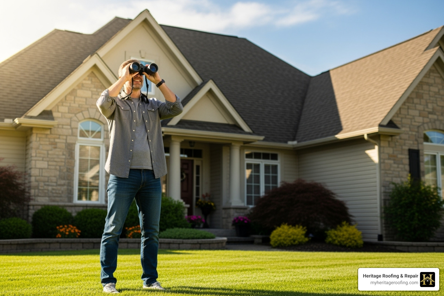 homeowner inspecting their roof from the ground with binoculars - new roof for home homeowner inspecting their roof from the ground with binoculars - new roof for home