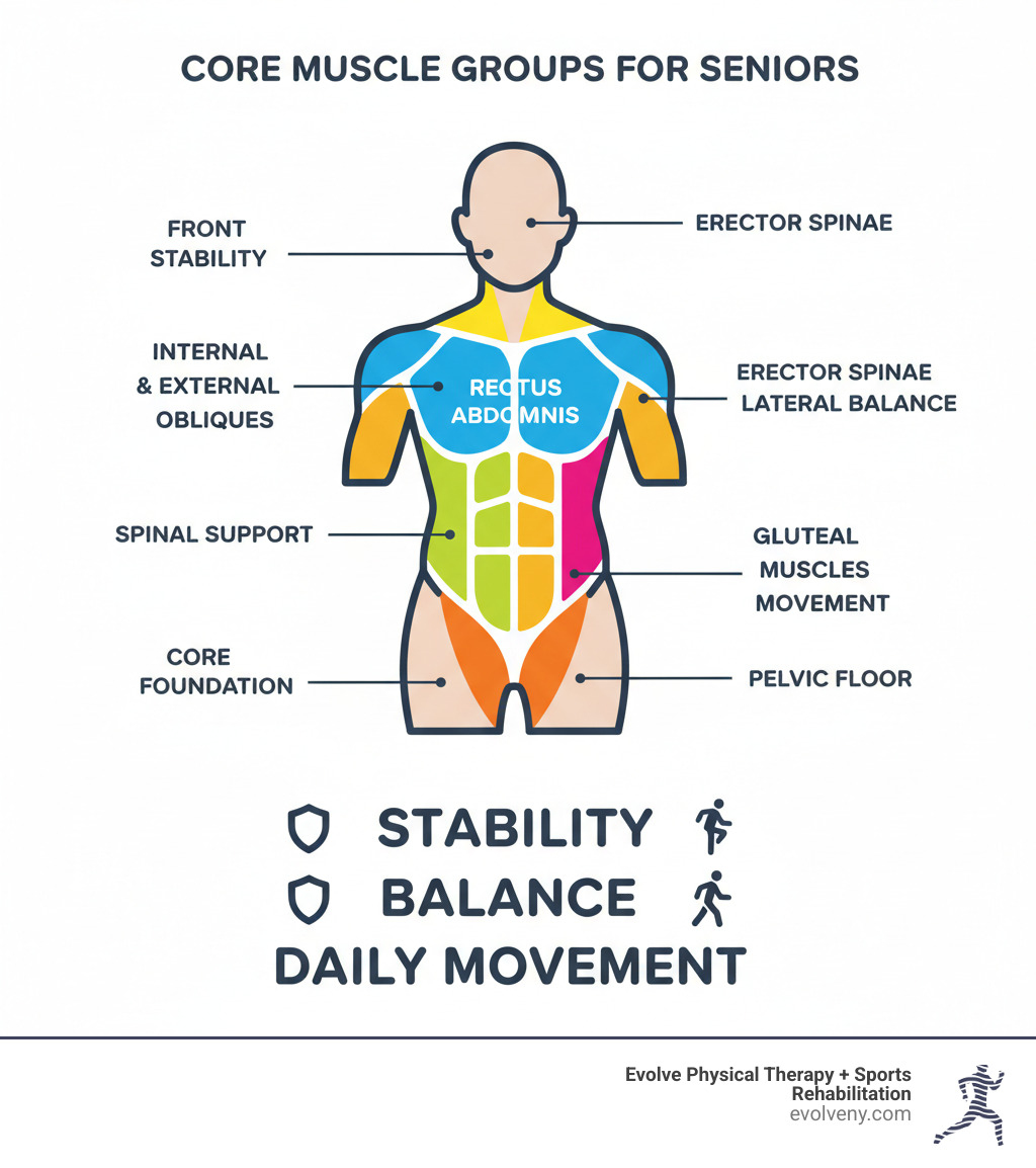 infographic showing the main core muscle groups including rectus abdominis in the front, internal and external obliques on the sides, erector spinae muscles along the spine in the back, gluteal muscles in the buttocks, and pelvic floor muscles at the base, with labels indicating their role in stability, balance, and daily movement - core strength for seniors infographic  infographic showing the main core muscle groups including rectus abdominis in the front, internal and external obliques on the sides, erector spinae muscles along the spine in the back, gluteal muscles in the buttocks, and pelvic floor muscles at the base, with labels indicating their role in stability, balance, and daily movement - core strength for seniors infographic