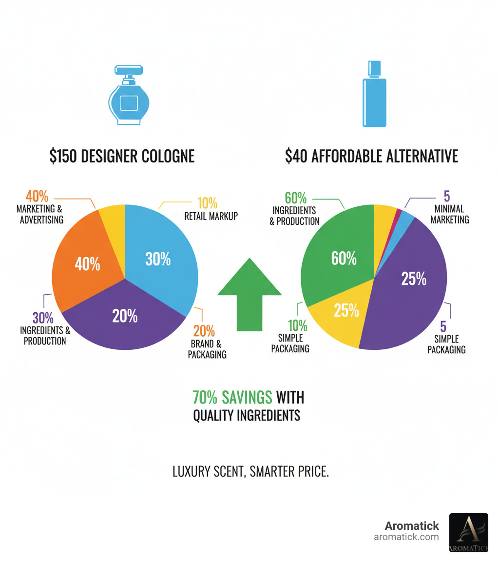 Infographic showing the cost breakdown of a $150 designer cologne versus a $40 affordable alternative: Designer cologne includes 30% for ingredients and production, 40% for marketing and advertising, 20% for brand prestige and packaging design, 10% for retail markup; Affordable alternative includes 60% for ingredients and production, 5% for minimal marketing, 10% for simple packaging, 25% for retail markup, resulting in 70% savings while maintaining quality ingredients - cheap mens designer perfumes infographic  Infographic showing the cost breakdown of a $150 designer cologne versus a $40 affordable alternative: Designer cologne includes 30% for ingredients and production, 40% for marketing and advertising, 20% for brand prestige and packaging design, 10% for retail markup; Affordable alternative includes 60% for ingredients and production, 5% for minimal marketing, 10% for simple packaging, 25% for retail markup, resulting in 70% savings while maintaining quality ingredients - cheap mens designer perfumes infographic