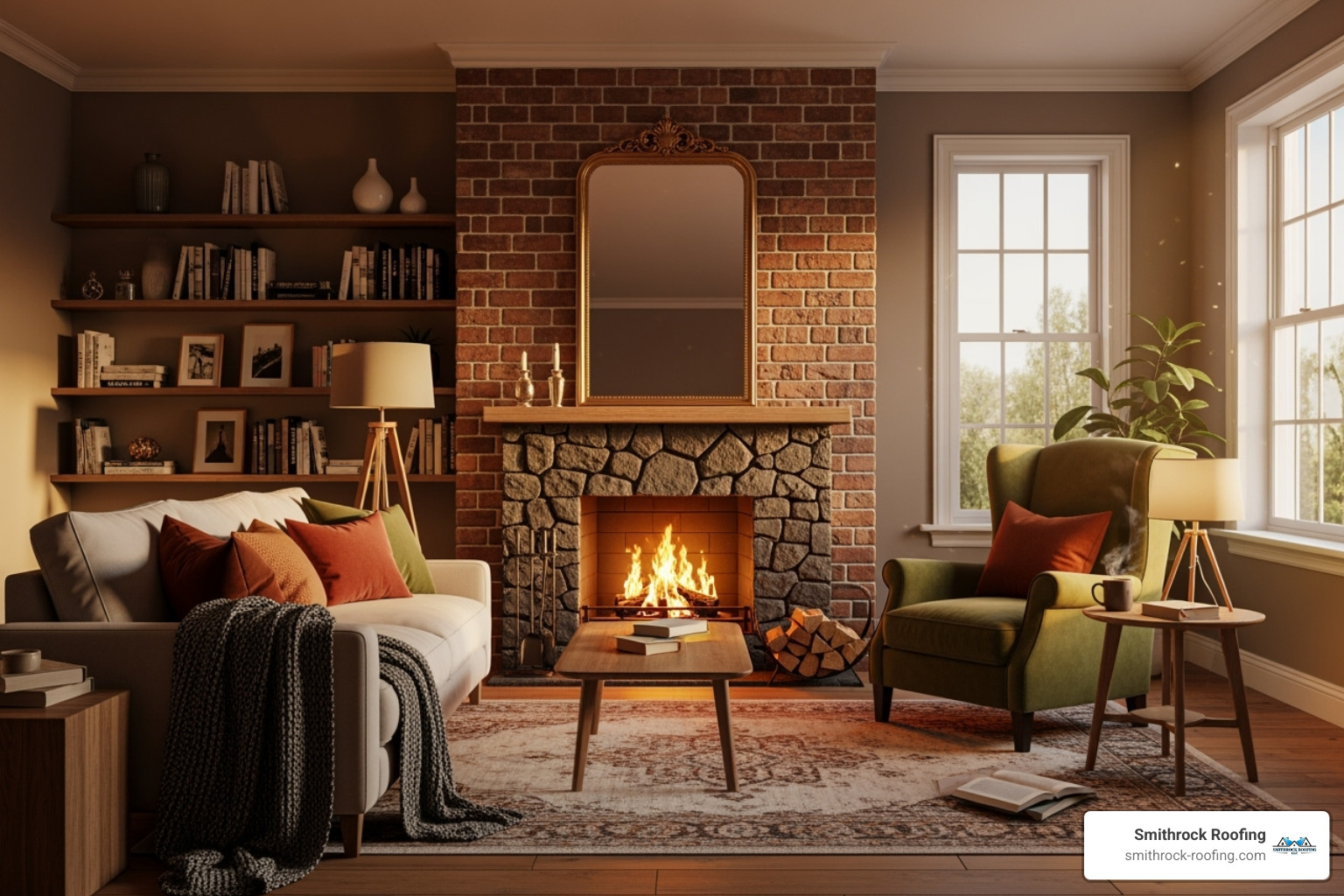 cozy living room with a brick veneer vinyl siding accent wall behind a fireplace - brick veneer vinyl siding