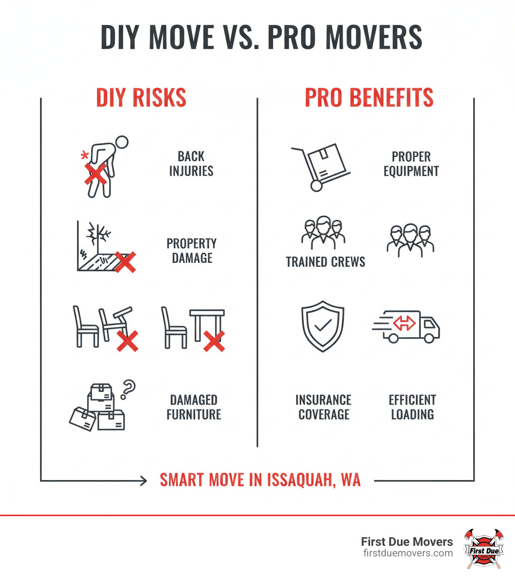 infographic showing common risks of DIY furniture moving including back injuries, property damage to walls and floors, damaged furniture, and the benefits of professional movers such as proper equipment, trained crews, insurance coverage, and efficient loading techniques - best rated furniture & large item moves in issaquah wa infographic 