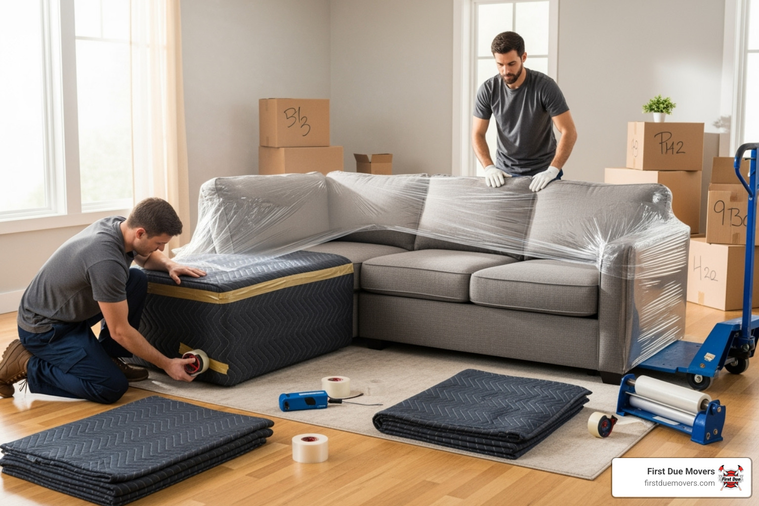 First Due Movers using moving blankets and shrink wrap on a large sofa - best rated furniture & large item moves in issaquah wa