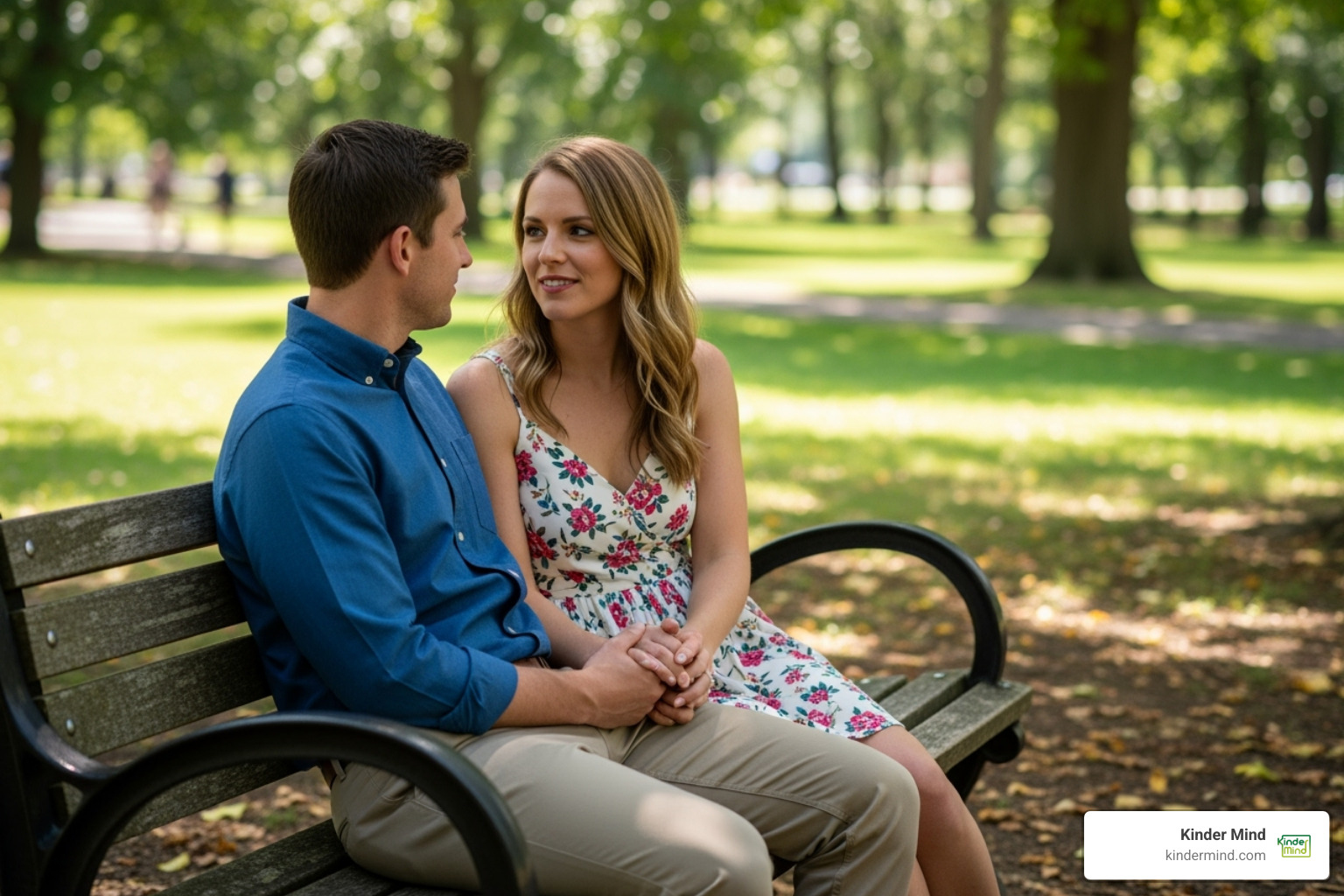 couple holding hands and talking on a park bench - Opening up a relationship couple holding hands and talking on a park bench - Opening up a relationship