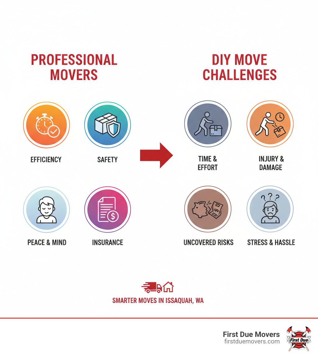 infographic highlighting the benefits of professional movers (efficiency, safety, insurance, peace of mind) compared to the risks and challenges of DIY moves - best rated furniture & large item moves in issaquah wa infographic 