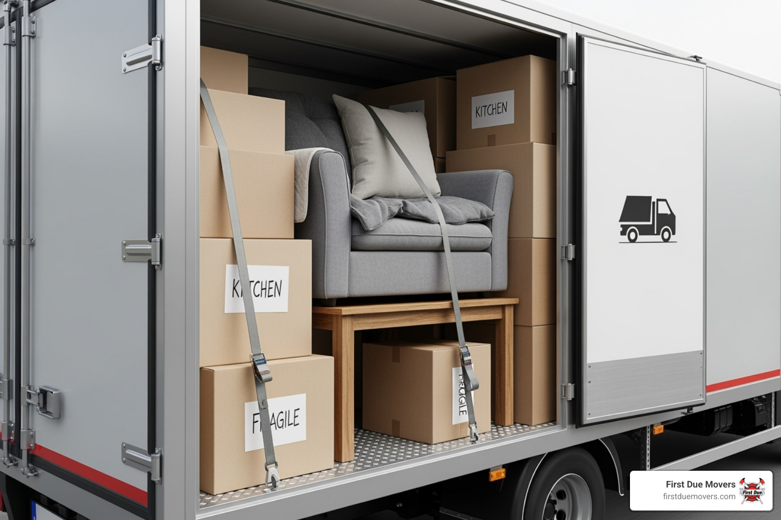 First Due Movers truck with back open, showing neatly packed and protected furniture - best rated furniture & large item moves in issaquah wa