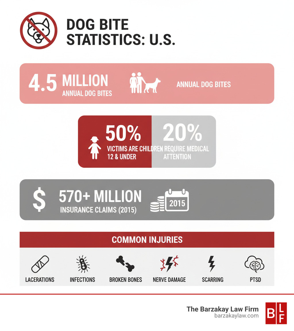 Infographic showing dog bite statistics: 4.5 million annual dog bites in the U.S., 50% of victims are children 12 and under, 20% require medical attention, over $570 million paid in insurance claims in 2015, and common injuries including lacerations, infections, broken bones, nerve damage, scarring, and PTSD - west palm beach dog bite attorney infographic Infographic showing dog bite statistics: 4.5 million annual dog bites in the U.S., 50% of victims are children 12 and under, 20% require medical attention, over $570 million paid in insurance claims in 2015, and common injuries including lacerations, infections, broken bones, nerve damage, scarring, and PTSD - west palm beach dog bite attorney infographic