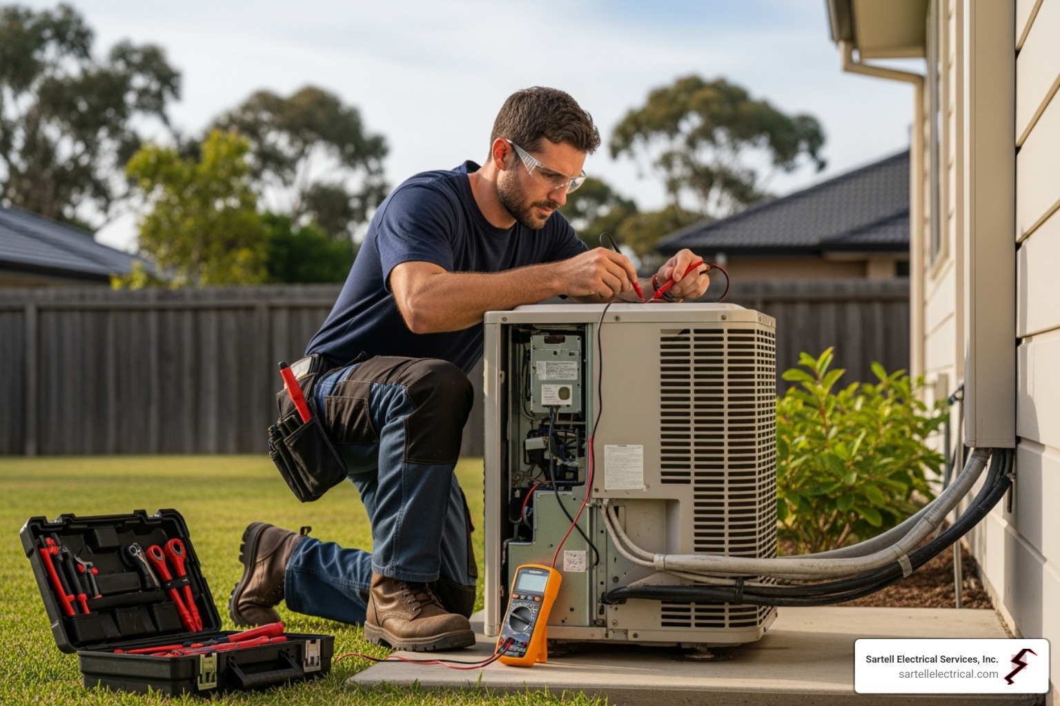 electrician working on AC unit - ac electrical repair