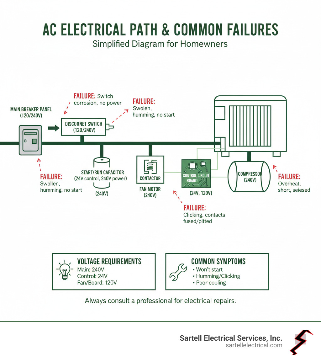 infographic showing the electrical path from main breaker panel through disconnect switch to AC unit components including capacitor contactor circuit board and compressor with labeled voltage requirements and common failure points - ac electrical repair infographic 