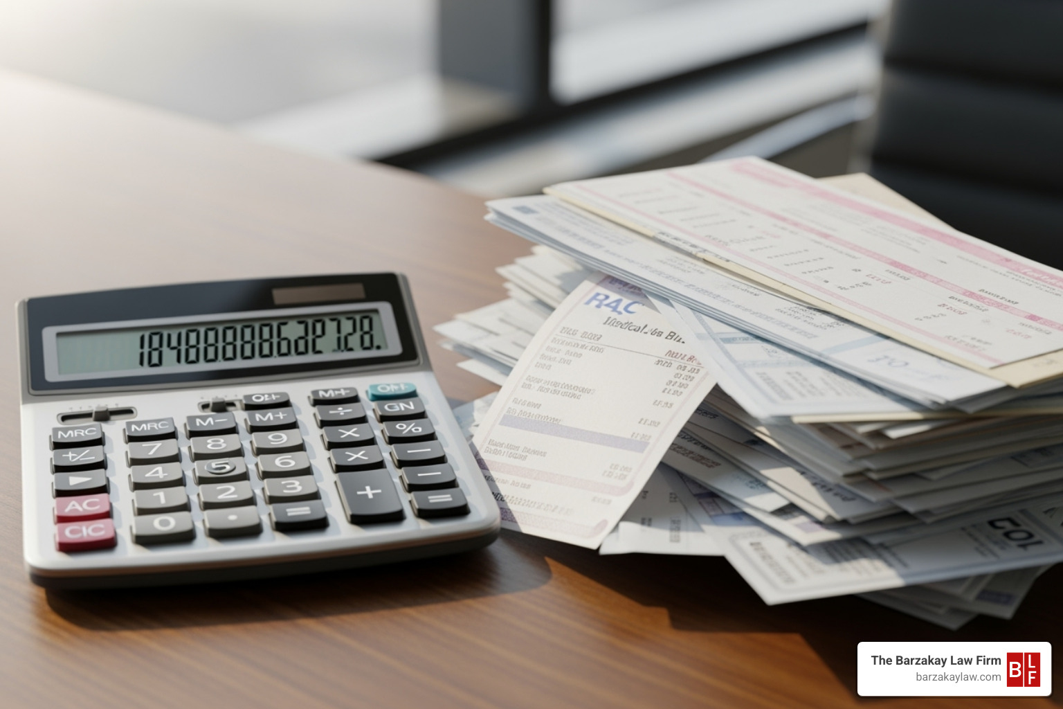 Calculator next to a stack of medical bills - west palm beach dog bite attorney Calculator next to a stack of medical bills - west palm beach dog bite attorney