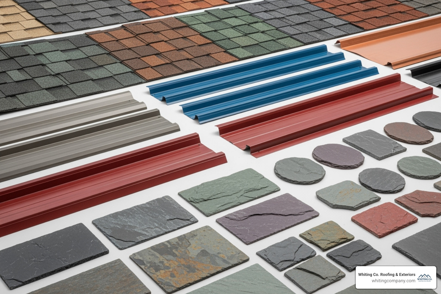 various roofing material samples: asphalt shingles, metal panels, and slate tiles - roof replacement Columbia